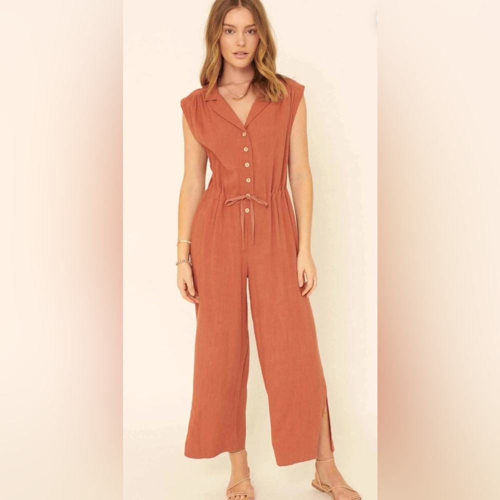 Promesa Terracotta Jumpsuit with V-Neck and Tie Waist